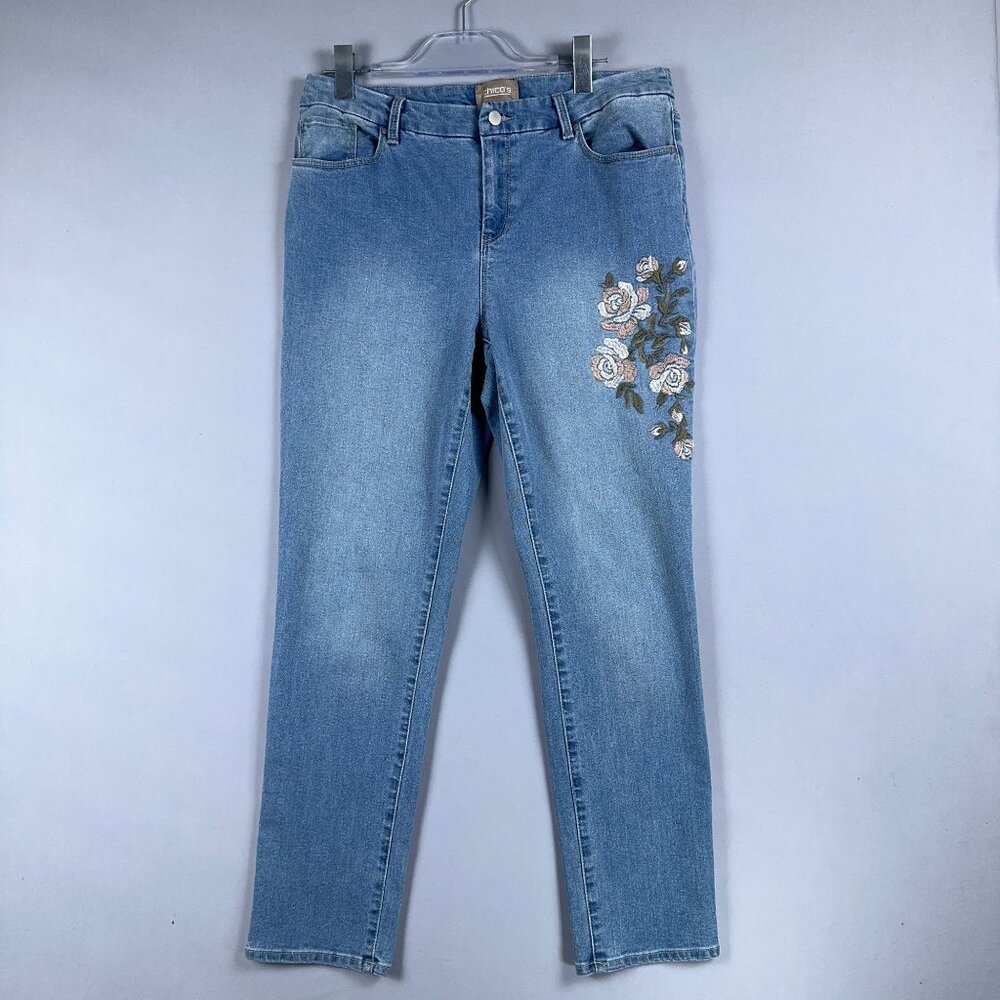 Chico's Ankle Cropped Jeans Womens Size 10 Skinny Mid Rise Stretch Floral Blue